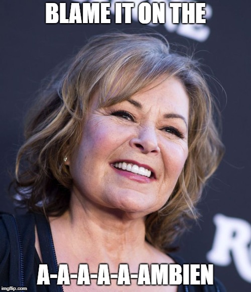 BLAME IT ON THE; A-A-A-A-A-AMBIEN | image tagged in roseanne,roseannebarr,racist,trump | made w/ Imgflip meme maker