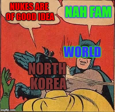 When North Korea Gets Some Ideas | NUKES ARE OF GOOD IDEA; NAH FAM; WORLD; NORTH KOREA | image tagged in memes,batman slapping robin | made w/ Imgflip meme maker