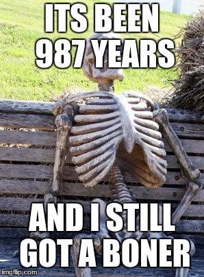 Waiting Skeleton Meme | ITS BEEN 987 YEARS; AND I STILL GOT A BONER | image tagged in memes,waiting skeleton | made w/ Imgflip meme maker