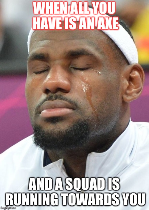 lebron james crying | WHEN ALL YOU HAVE IS AN AXE; AND A SQUAD IS RUNNING TOWARDS YOU | image tagged in lebron james crying | made w/ Imgflip meme maker