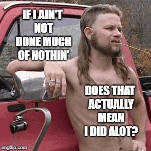 Almost busy | IF I AIN'T NOT DONE MUCH OF NOTHIN'; DOES THAT ACTUALLY MEAN I DID ALOT? | image tagged in almost redneck,grammar nazi,redneck,english,country boy | made w/ Imgflip meme maker