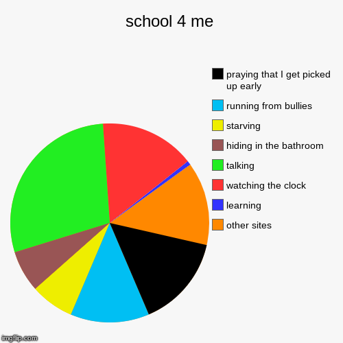 school 4 me | other sites, learning, watching the clock, talking, hiding in the bathroom, starving, running from bullies, praying that I get | image tagged in funny,pie charts | made w/ Imgflip chart maker