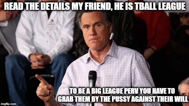 Mitt | READ THE DETAILS MY FRIEND, HE IS TBALL LEAGUE TO BE A BIG LEAGUE PERV YOU HAVE TO GRAB THEM BY THE PUSSY AGAINST THEIR WILL | image tagged in mitt | made w/ Imgflip meme maker
