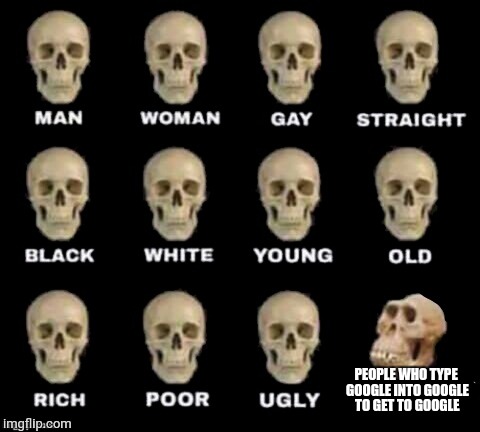 'nuff said. | PEOPLE WHO TYPE GOOGLE INTO GOOGLE TO GET TO GOOGLE | image tagged in idiot skull,skull,typing,google | made w/ Imgflip meme maker