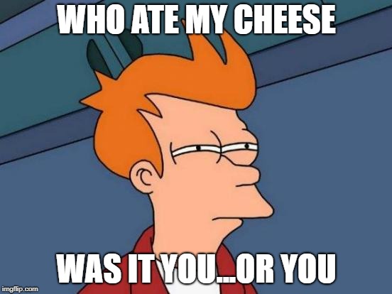 Futurama Fry Meme | WHO ATE MY CHEESE; WAS IT YOU...OR YOU | image tagged in memes,futurama fry | made w/ Imgflip meme maker