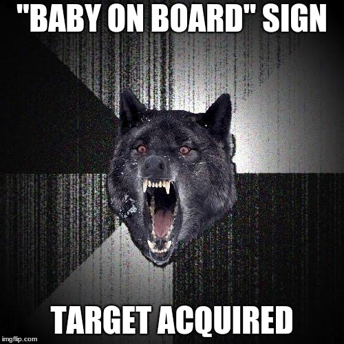 Insanity Wolf Meme | "BABY ON BOARD" SIGN; TARGET ACQUIRED | image tagged in memes,insanity wolf | made w/ Imgflip meme maker