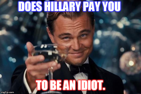 Leonardo Dicaprio Cheers Meme | DOES HILLARY PAY YOU; TO BE AN IDIOT. | image tagged in memes,leonardo dicaprio cheers | made w/ Imgflip meme maker