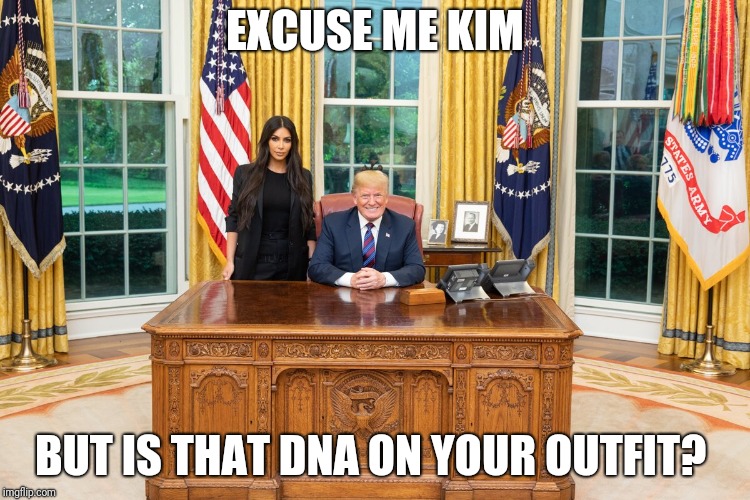 Typical President | EXCUSE ME KIM; BUT IS THAT DNA ON YOUR OUTFIT? | image tagged in donald trump approves | made w/ Imgflip meme maker