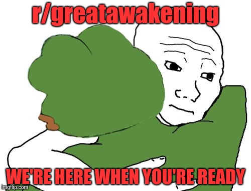 Pepe and TFW | r/greatawakening; WE'RE HERE WHEN YOU'RE READY | image tagged in pepe and tfw | made w/ Imgflip meme maker