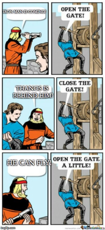 Still screwed though! | IRON MAN IS COMING! THANOS IS BEHIND HIM! HE CAN FLY! | image tagged in open the gate a little | made w/ Imgflip meme maker