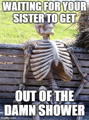 Waiting Skeleton | WAITING FOR YOUR SISTER TO GET; OUT OF THE DAMN SHOWER | image tagged in memes,waiting skeleton | made w/ Imgflip meme maker