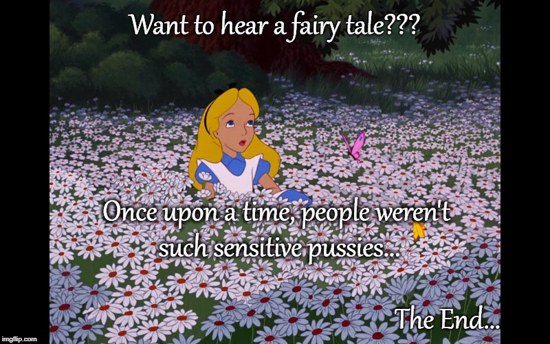Fairy Tale... | Want to hear a fairy tale??? Once upon a time, people weren't such sensitive pussies... The End... | image tagged in once upon a time,people,sensitive pussies | made w/ Imgflip meme maker