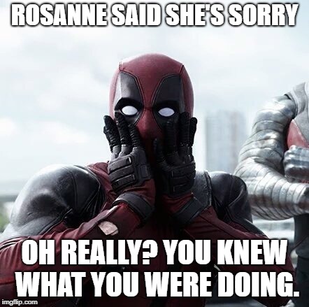 Deadpool Surprised Meme | ROSANNE SAID SHE'S SORRY; OH REALLY? YOU KNEW WHAT YOU WERE DOING. | image tagged in memes,deadpool surprised | made w/ Imgflip meme maker