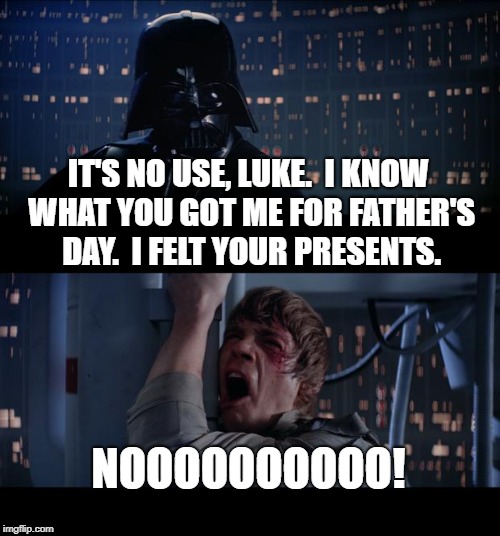Star Wars No Meme | IT'S NO USE, LUKE.  I KNOW WHAT YOU GOT ME FOR FATHER'S DAY.  I FELT YOUR PRESENTS. NOOOOOOOOOO! | image tagged in memes,star wars no | made w/ Imgflip meme maker