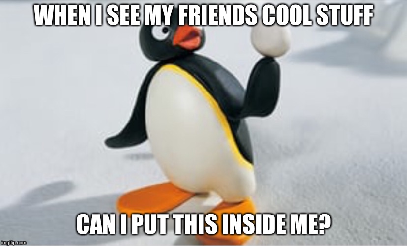 Every day | WHEN I SEE MY FRIENDS COOL STUFF; CAN I PUT THIS INSIDE ME? | image tagged in pingu,friends | made w/ Imgflip meme maker