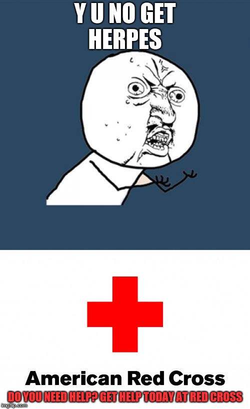 Red Cross | Y U NO GET HERPES; DO YOU NEED HELP? GET HELP TODAY AT RED CROSS | image tagged in memes,y u no,red cross | made w/ Imgflip meme maker