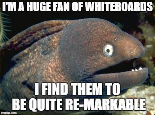 Bad Joke Eel | I'M A HUGE FAN OF WHITEBOARDS; I FIND THEM TO BE QUITE RE-MARKABLE | image tagged in memes,bad joke eel,trhtimmy | made w/ Imgflip meme maker