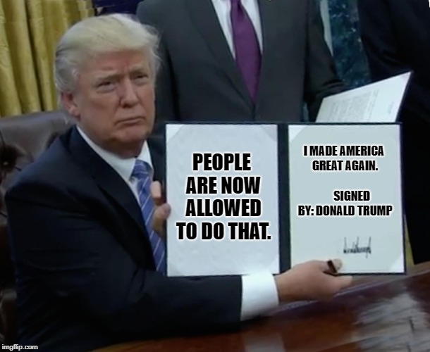 PEOPLE ARE NOW ALLOWED TO DO THAT. I MADE AMERICA GREAT AGAIN.              SIGNED BY: DONALD TRUMP | image tagged in memes,trump bill signing | made w/ Imgflip meme maker