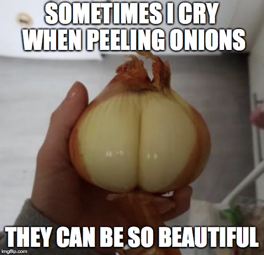 Onion Butt | SOMETIMES I CRY WHEN PEELING ONIONS; THEY CAN BE SO BEAUTIFUL | image tagged in onion butt,onion,butt,yoga pants | made w/ Imgflip meme maker
