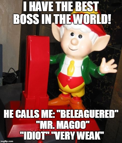 Best Boss | I HAVE THE BEST BOSS IN THE WORLD! HE CALLS ME: "BELEAGUERED"  "MR. MAGOO" "IDIOT" "VERY WEAK" | image tagged in jeff sessions,trump,political,beleaguered | made w/ Imgflip meme maker