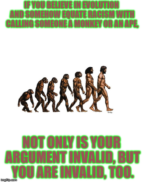 The Logically Inconsistent Left. | IF YOU BELIEVE IN EVOLUTION AND SOMEHOW EQUATE RACISM WITH CALLING SOMEONE A MONKEY OR AN APE, NOT ONLY IS YOUR ARGUMENT INVALID, BUT YOU ARE INVALID, TOO. | image tagged in stupid liberals,liberal logic,liberals problem,racism,racist | made w/ Imgflip meme maker