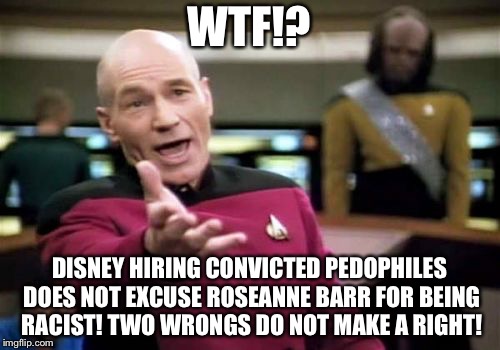 Disney vs Roseanne Barr | WTF!? DISNEY HIRING CONVICTED PEDOPHILES DOES NOT EXCUSE ROSEANNE BARR FOR BEING RACIST! TWO WRONGS DO NOT MAKE A RIGHT! | image tagged in memes,picard wtf,disney,pedophile,roseanne barr,wrong | made w/ Imgflip meme maker