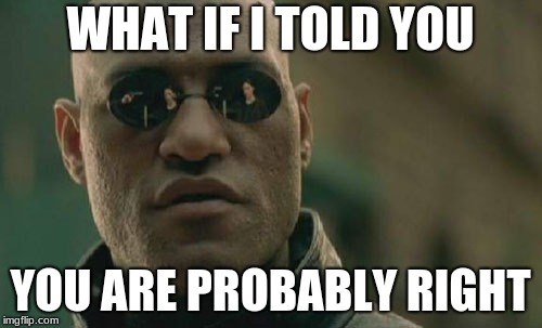 Matrix Morpheus Meme | WHAT IF I TOLD YOU YOU ARE PROBABLY RIGHT | image tagged in memes,matrix morpheus | made w/ Imgflip meme maker
