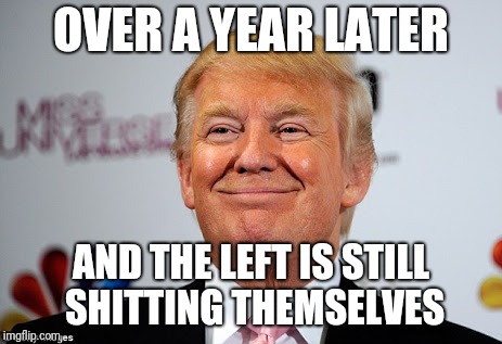 Donald trump approves | OVER A YEAR LATER; AND THE LEFT IS STILL SHITTING THEMSELVES | image tagged in donald trump approves | made w/ Imgflip meme maker