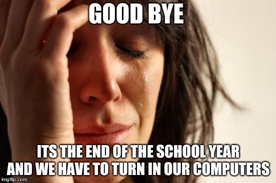 First World Problems | GOOD BYE; ITS THE END OF THE SCHOOL YEAR AND WE HAVE TO TURN IN OUR COMPUTERS | image tagged in memes,first world problems | made w/ Imgflip meme maker