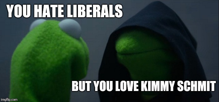 Evil Kermit Meme | YOU HATE LIBERALS; BUT YOU LOVE KIMMY SCHMIT | image tagged in memes,evil kermit | made w/ Imgflip meme maker