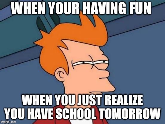 Futurama Fry Meme | WHEN YOUR HAVING FUN; WHEN YOU JUST REALIZE YOU HAVE SCHOOL TOMORROW | image tagged in memes,futurama fry | made w/ Imgflip meme maker