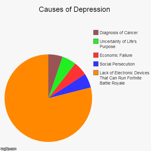 NOTE: Just a joke. | Causes of Depression | Lack of Electronic Devices That Can Run Fortnite Battle Royale, Social Persecution, Economic Failure, Uncertainty of  | image tagged in funny,pie charts,fortnite,depression,cancer,life | made w/ Imgflip chart maker