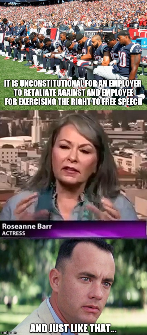 IT IS UNCONSTITUTIONAL FOR AN EMPLOYER TO RETALIATE AGAINST AND EMPLOYEE FOR EXERCISING THE RIGHT TO FREE SPEECH; AND JUST LIKE THAT... | image tagged in memes,roseanne,kapernick,free speech | made w/ Imgflip meme maker