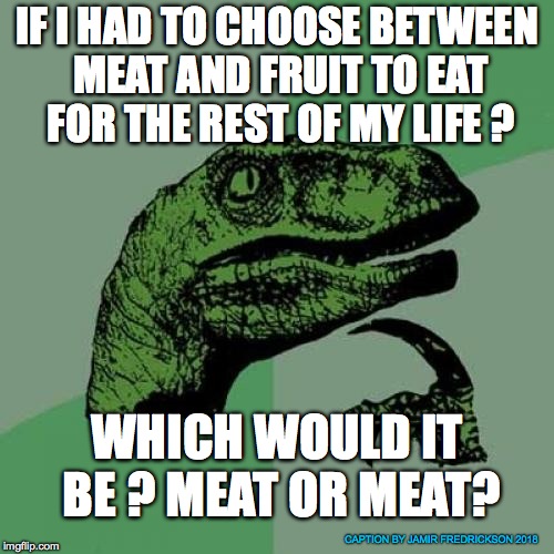 Philosoraptor Meme | IF I HAD TO CHOOSE BETWEEN MEAT AND FRUIT TO EAT FOR THE REST OF MY LIFE ? WHICH WOULD IT BE ? MEAT OR MEAT? CAPTION BY JAMIR FREDRICKSON 2018 | image tagged in memes,philosoraptor | made w/ Imgflip meme maker