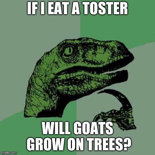 Philosoraptor Meme | IF I EAT A TOSTER; WILL GOATS GROW ON TREES? | image tagged in memes,philosoraptor | made w/ Imgflip meme maker
