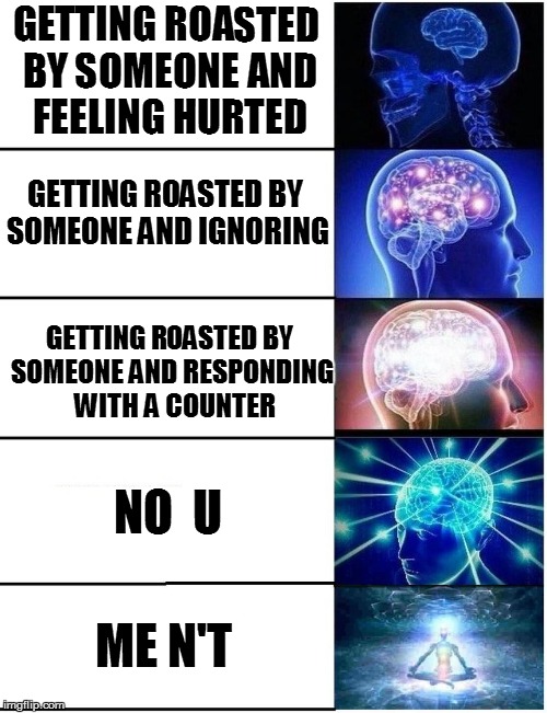 Expanding Brain 5 Panel | GETTING ROASTED BY SOMEONE AND FEELING HURTED; GETTING ROASTED BY SOMEONE AND IGNORING; GETTING ROASTED BY SOMEONE AND RESPONDING  WITH A COUNTER; NO  U; ME N'T | image tagged in expanding brain 5 panel | made w/ Imgflip meme maker