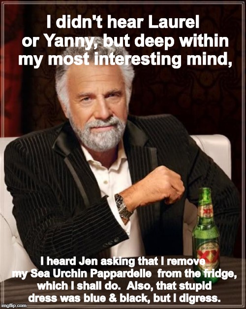 The Most Interesting Man In The World Meme | I didn't hear Laurel or Yanny, but deep within my most interesting mind, I heard Jen asking that I remove my Sea Urchin Pappardelle  from the fridge, which I shall do.  Also, that stupid dress was blue & black, but I digress. | image tagged in memes,the most interesting man in the world | made w/ Imgflip meme maker