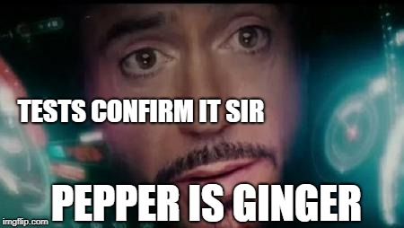 Iron Man Tony Stark Y No Me Invitó | TESTS CONFIRM IT SIR; PEPPER IS GINGER | image tagged in iron man tony stark y no me invit | made w/ Imgflip meme maker