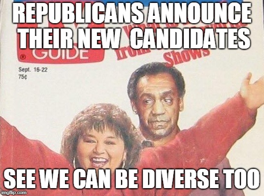 New Republicans | REPUBLICANS ANNOUNCE THEIR NEW  CANDIDATES; SEE WE CAN BE DIVERSE TOO | image tagged in cosby,roseanne,republicans,diverse,politics | made w/ Imgflip meme maker