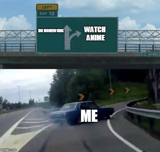 Left Exit 12 Off Ramp | DO HOMEWORK; WATCH ANIME; ME | image tagged in memes,left exit 12 off ramp | made w/ Imgflip meme maker
