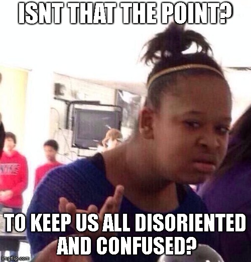 ISNT THAT THE POINT? TO KEEP US ALL DISORIENTED AND CONFUSED? | image tagged in memes,black girl wat | made w/ Imgflip meme maker