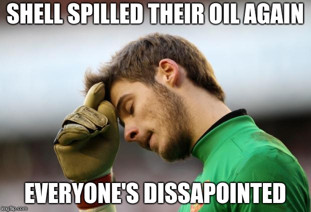 Disappointed De Gea | SHELL SPILLED THEIR OIL AGAIN; EVERYONE'S DISSAPOINTED | image tagged in disappointed de gea | made w/ Imgflip meme maker