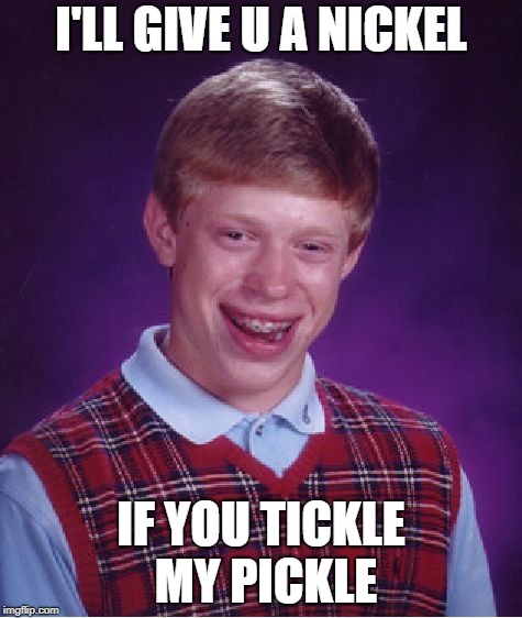 Bad Luck Brian Meme | I'LL GIVE U A NICKEL; IF YOU TICKLE MY PICKLE | image tagged in memes,bad luck brian | made w/ Imgflip meme maker