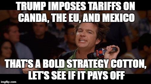 Bold Move Cotton | TRUMP IMPOSES TARIFFS ON CANDA, THE EU, AND MEXICO; THAT'S A BOLD STRATEGY COTTON, LET'S SEE IF IT PAYS OFF | image tagged in bold move cotton | made w/ Imgflip meme maker