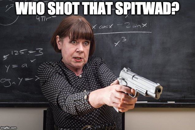 Teacher with gun  | WHO SHOT THAT SPITWAD? | image tagged in teacher | made w/ Imgflip meme maker