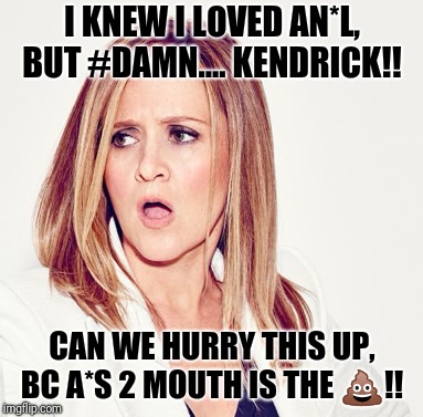 NSFW, Mrs.Bee!!  | I KNEW I LOVED AN*L, BUT #DAMN.... KENDRICK!! CAN WE HURRY THIS UP, BC A*S 2 MOUTH IS THE 💩!! | image tagged in samantha bee triggered,nsfw | made w/ Imgflip meme maker