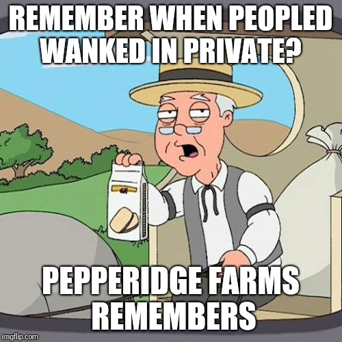 Pepperidge Farm Remembers Meme | REMEMBER WHEN PEOPLED WANKED IN PRIVATE? PEPPERIDGE FARMS REMEMBERS | image tagged in memes,pepperidge farm remembers | made w/ Imgflip meme maker