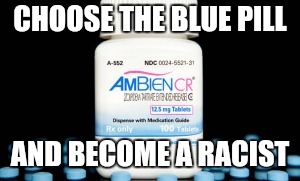 Ambien | CHOOSE THE BLUE PILL; AND BECOME A RACIST | image tagged in roseanne barr,ambien,red pill blue pill | made w/ Imgflip meme maker