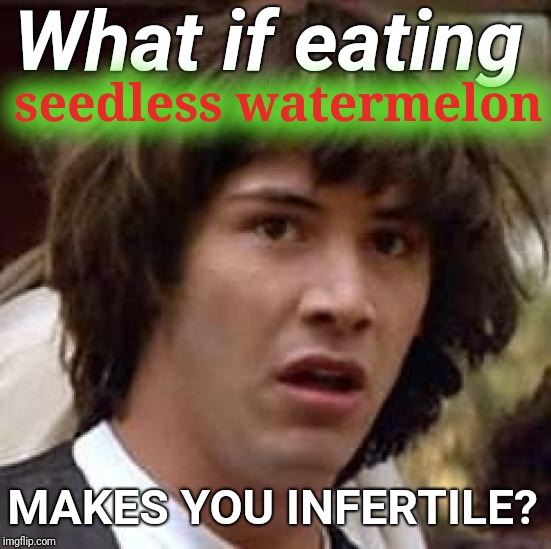 How do they grow it? There's no seeds??? | What if eating; seedless watermelon; MAKES YOU INFERTILE? | image tagged in memes,conspiracy keanu | made w/ Imgflip meme maker