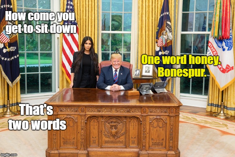 Dumb and Dumber | How come you get to sit down; One word honey. Bonespur. That's two words | image tagged in donald trump,kim kardashian | made w/ Imgflip meme maker